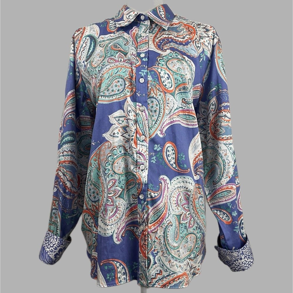 Ruby Rd. Women’s 18W Blue Retro Paisley Cotton Wrinkle Resistant Button-Up